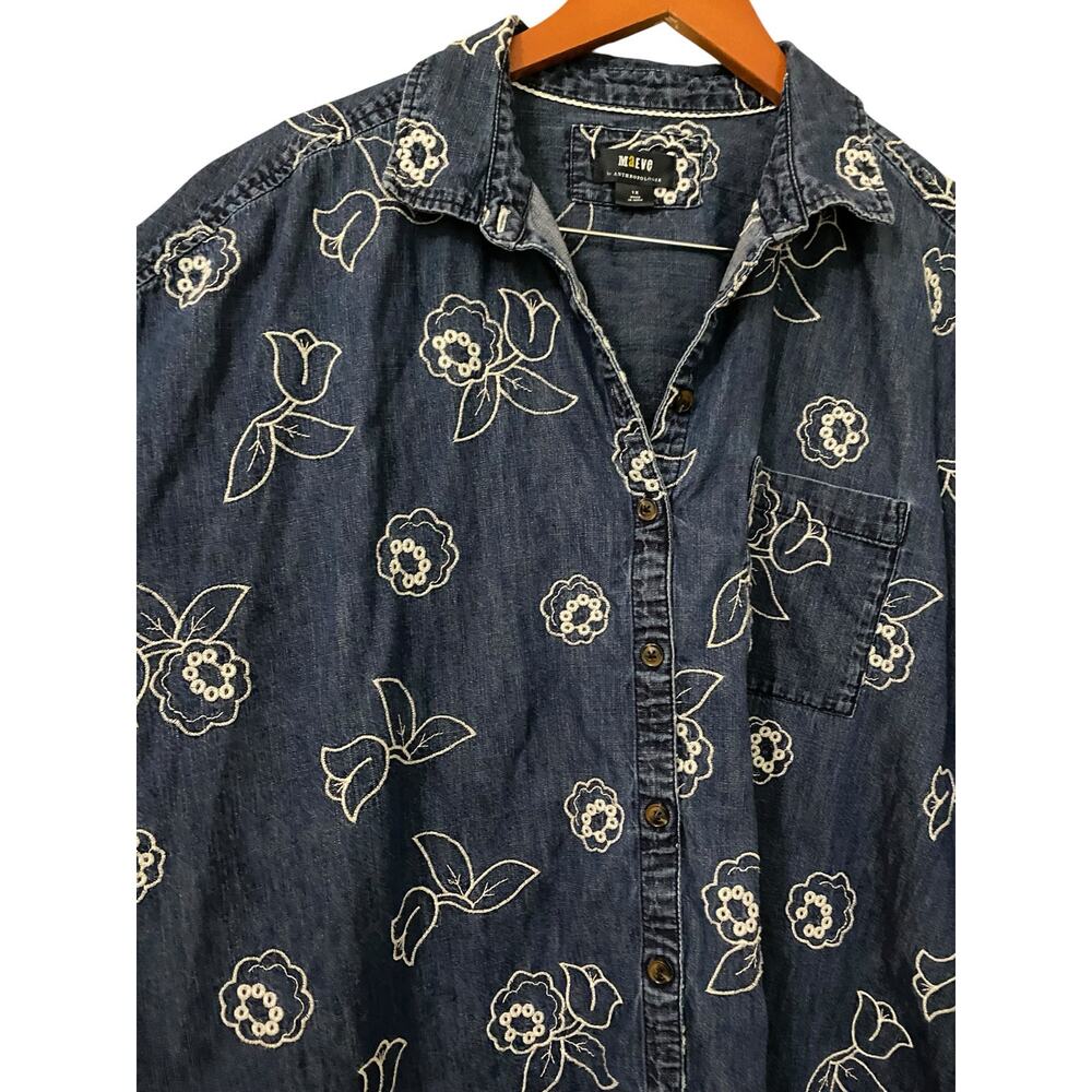 Maeve Anthropologie Oversized Denim Button Up Shirt 1X Embroidered Floral Cotton - Picture 8 of 14